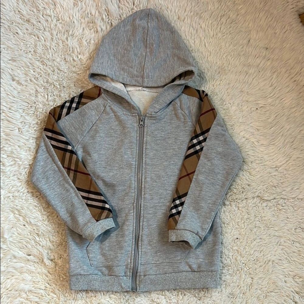 Kids Gray Hoodie with Plaid Accents 6-7Yrs